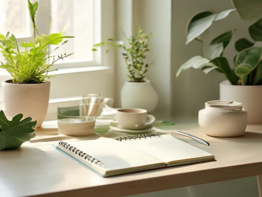 Mindful workspace with organised wellness materials