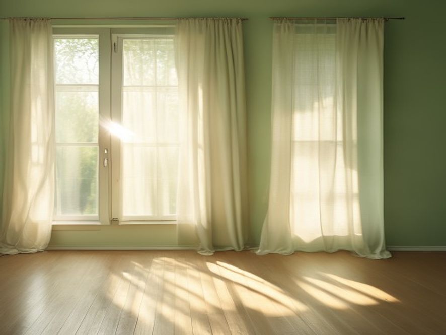 Morning light streaming through open curtains and windows