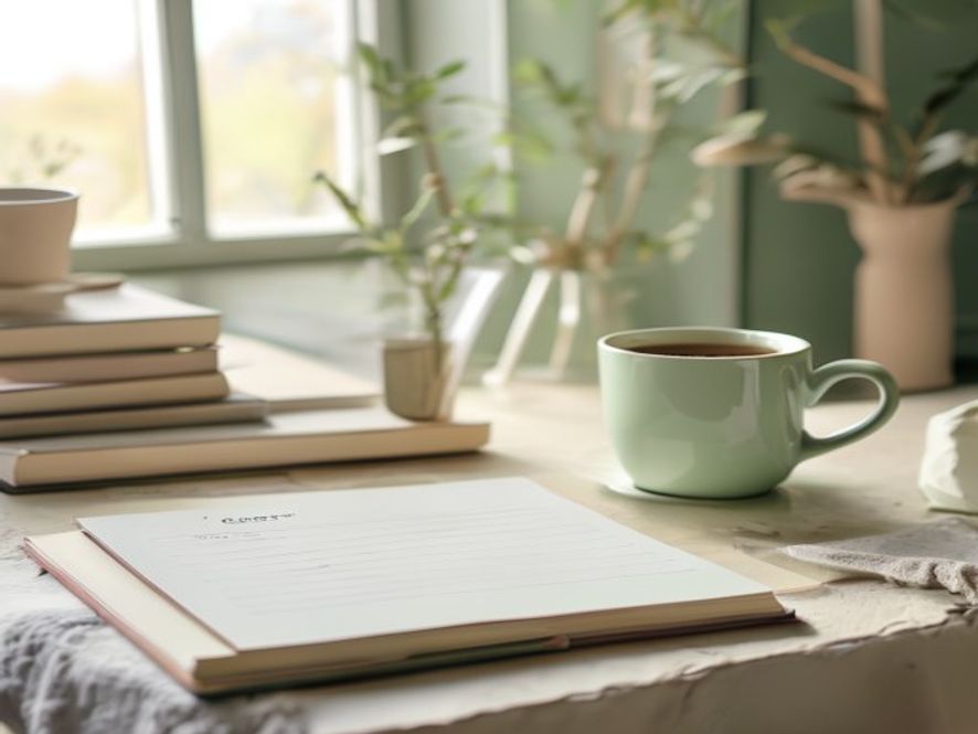 Workspace with checklist planning materials and coffee